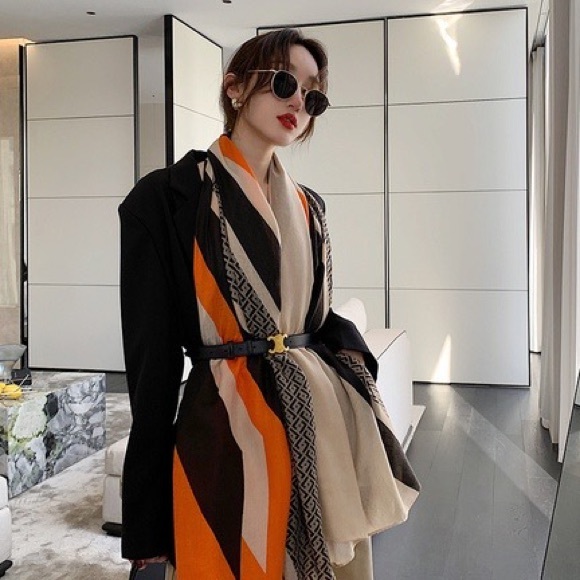 NEW Orange Black Cream Geometric Art Deco Printed Fashion Scarf - Picture 4 of 13